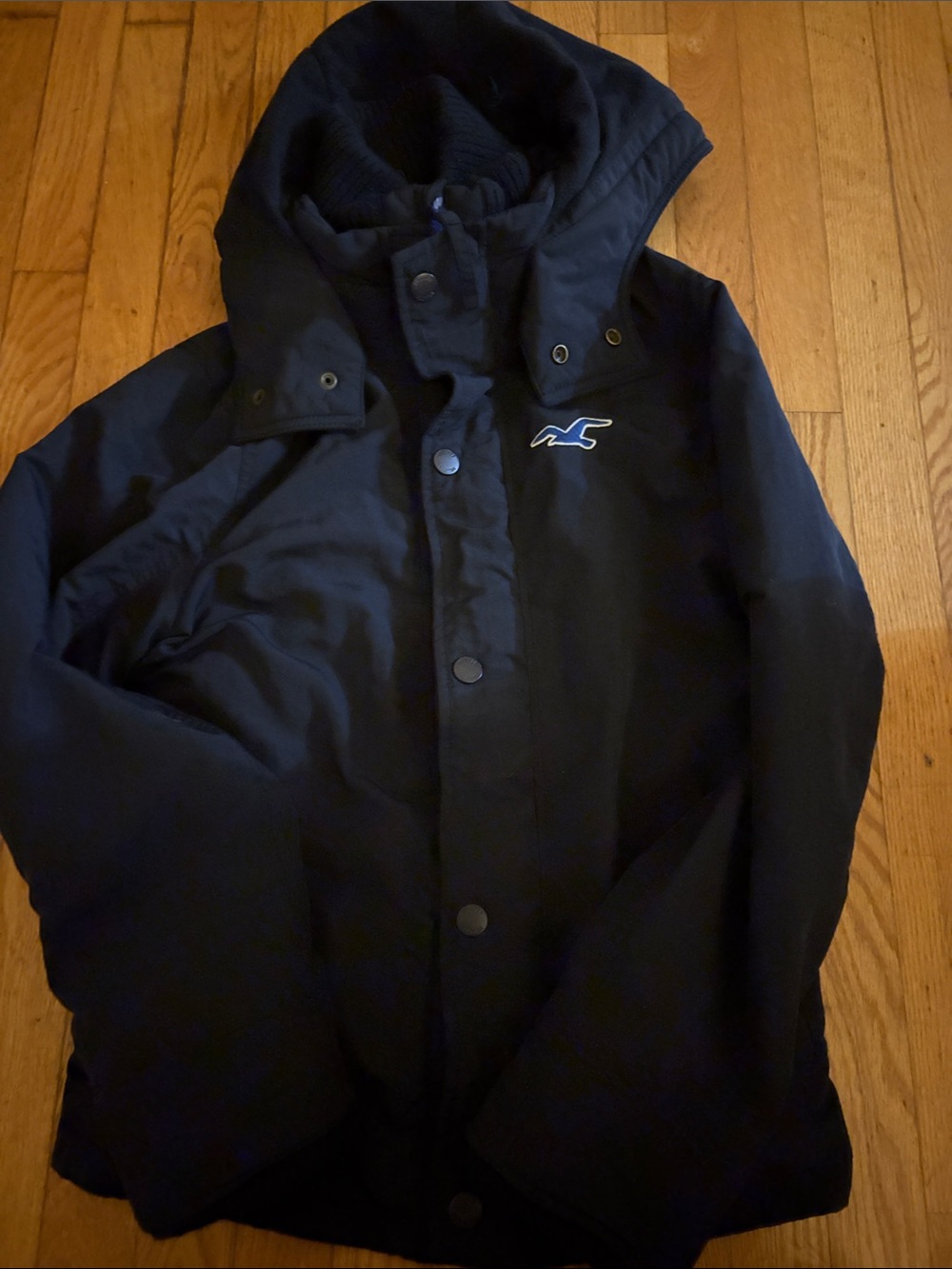 Hollister Men’s Navy Hooded Puffer Jacket with Logo